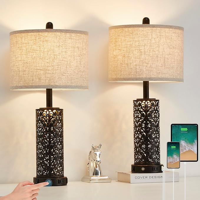 26" Set of 2 Farmhouse Table Lamp, 3-Way Dimmable Touch Control with Nightlight, 2 USB Ports + AC Outlet Vintage Rustic Bedside Lamp for Living Room Bedroom and Nightstand (Black-2 Pack)