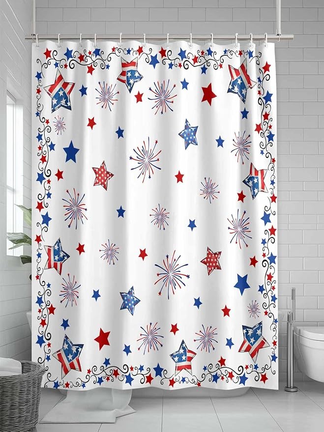 4th of July Shower Curtain, Patriotic Stars Fireworks Shower Curtains Set with Hooks, Red White and Blue Independence Day Waterproof Fabric Bathroom Curtains Decor Accessories,72X 96 Inch Extra Long