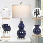 Double Gourd Ceramic Table Lamps Set of 2, Modern Navy Blue Bedside Lamps for Night Stand, Contemporary Nightstand Lamps for Bedroom Living Room (Bulb Included)