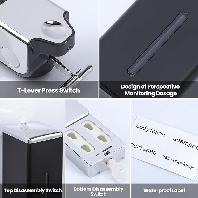 2-in-1 Quadrate Dispensers for The Shower,Shower soap Dispenser,Conditioner Dispenser, Shampoo Dispenser,No Drilled Wall Mounted Distributor,Hotel,Bathroom,Home (Double, Black)