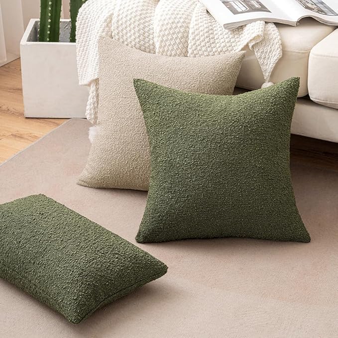 MIULEE 20x20 Inch Decorative Pillow Covers for Couch Bed Set of 2 Textured Boucle Neutral Winter Throw Pillows Olive Green Accent Solid Cushion Pillowcases Sofa Livingroom Home Decor