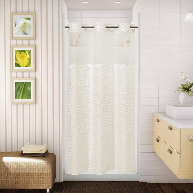 stall no Hook Tufted Shower Curtain with snap in Liner Set, White Waterproof Fabric Inner Liner,Boho Style Shower Curtain with See Through top Window, Cream, 36Wx74H
