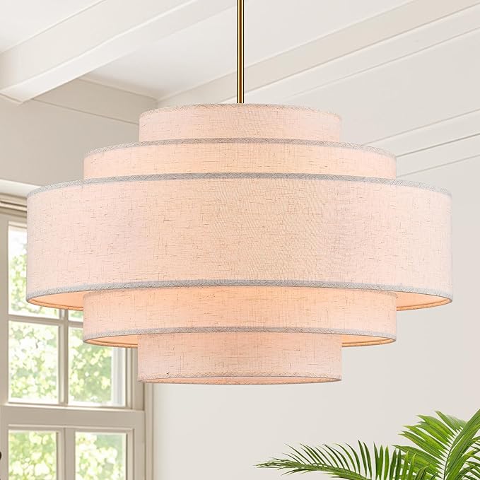 Modern 26" Large Drum Chandelier 6-Lights Vintage Modern Chandelier Light Fixture with Linen Shade Retro Farmhouse Drum Chandeliers for Dining Room, Kitchen Island, Living Room, Bedroom