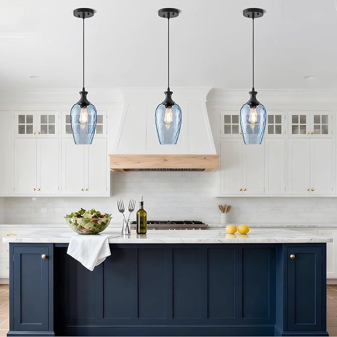 Pendant Lights Kitchen Island 2 Pack, Blue Glass Pendant Light Fixtures with Hammered Glass, Modern Hanging Light for Kitchen Sink Dining Room Bedroom