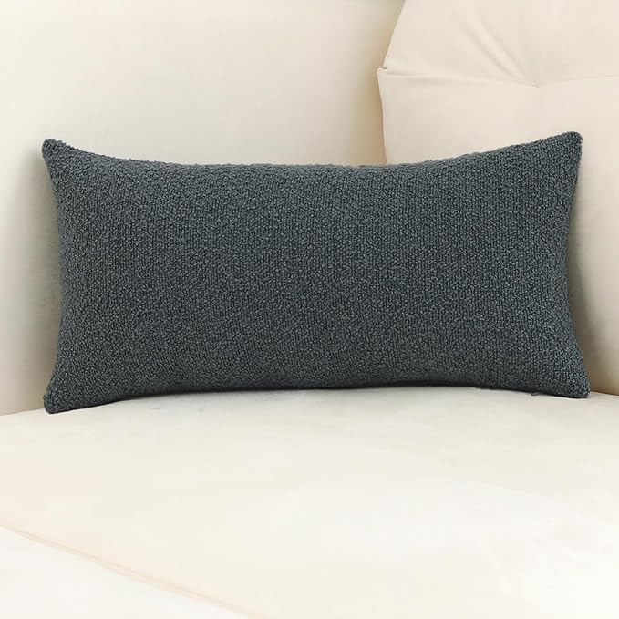 Jeneoo Grey Blue Decorative Long Lumbar Thick Throw Pillow Covers Fine Textured Boucle Couch Cushion Case for Sofa Decor, Set of 1, 14 x 36 Inch
