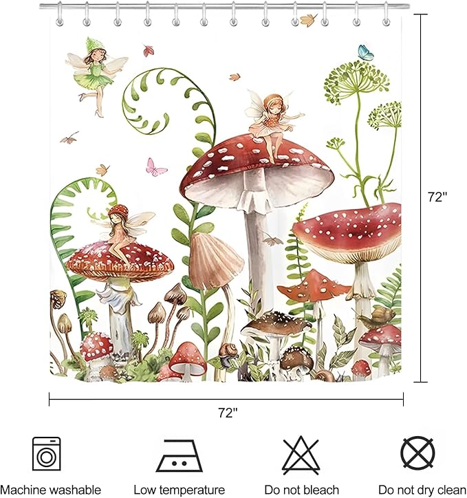 Mushroom Shower Curtain Green Plant Leaves Butterfly Fairy Girls Shower Curtains for Bathroom Waterproof Polyester Fabric Bathroom Curtain 72 x 72 Inch with 12 Plastic Hooks