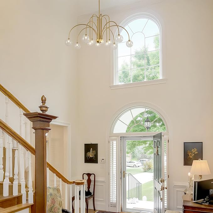 Mid Century Gold Sputnik Chandelier 12 Lights Modern Large L52” Clear Glass Globe Pendant Light Fixture for High Ceiling Foyer Staircase Living Dining Room