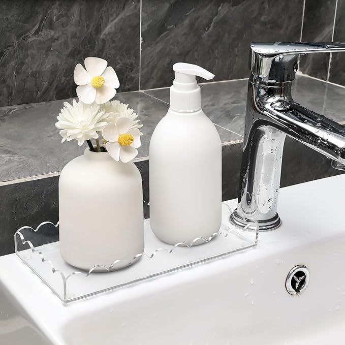 Acrylic Bathroom Vanity Tray 7.9", Soap Dispenser Decorative Scalloped Tray for Bathroom Kitchen Living Room Decor Vanity Perfume