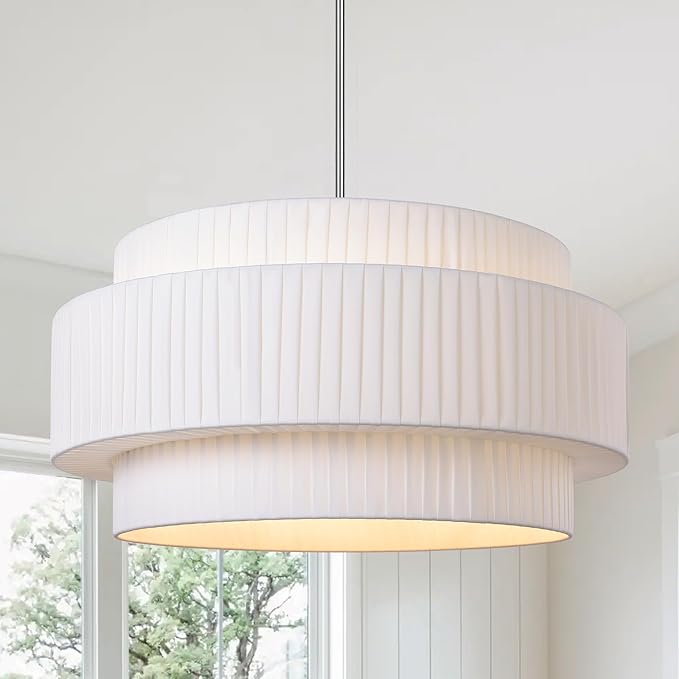 LamQee 3-Tier Large Farmhouse Drum Chandelier, 23.6inch Modern Ceiling Light Fixture Chrome Pendant Hanging Light with Fabric Shade for Living Room Bedroom Kitchen Island Over Table
