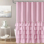 Seasonwood Pink Ruffle Shower Curtain - Girly Cute Button Farmhouse Style Fabric Blush Shower Curtain for Bathroom