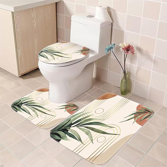 Boho Sage Green Shower Curtain Sets with Rugs 70.8Wx70.8L, Bathroom Set Bohemian with Non-Slip Rug, Toilet Lid Cover, U-Shaped Mat, Greenery Shower Curtain Boho Bathroom Shower Curtain Set