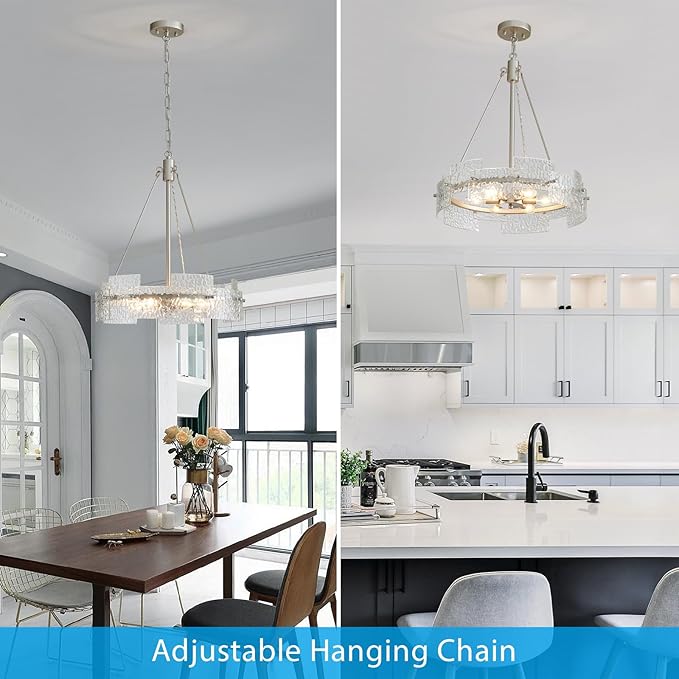 XINGQI Modern Farmhouse Chandelier 6-Light Silver Glass Drum Chandeliers 19.7" Height Adjustable Water Ripple Rustic Pendant Lighting Fixture for Dining Room Living Room Kitchen Island