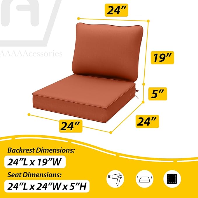 AAAAAcessories Outdoor Deep Seat Cushions, Waterproof, Fade-Resistant Patio Furniture Replacement Cushions, 24" x 24" x 5", Rust