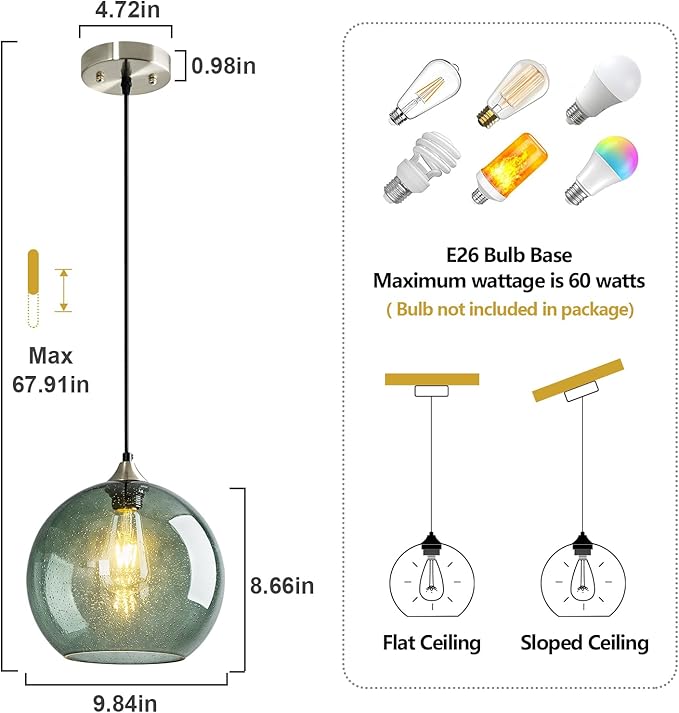 Gray Green Glass Pendant Lights Kitchen Island Lighting Globe Pendant Light Fixtures Modern Pendant Lighting for Kitchen Island Bedroom Living Dining Room Light Fixture(9.84in, 2-Pack)