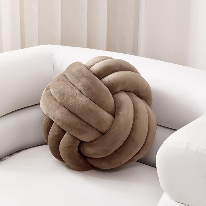 Sioloc Soft Knot Ball Pillows,Round Throw Pillow Cushion Home Decoration Plush Pillow,Throw Knotted Pillow Handmade Round Plush Pillow（10.6inches,Brown）