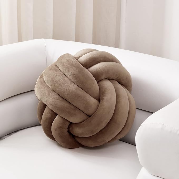 Sioloc Soft Knot Ball Pillows,Round Throw Pillow Cushion Home Decoration Plush Pillow,Throw Knotted Pillow Handmade Round Plush Pillow（13.7inches,Brown）