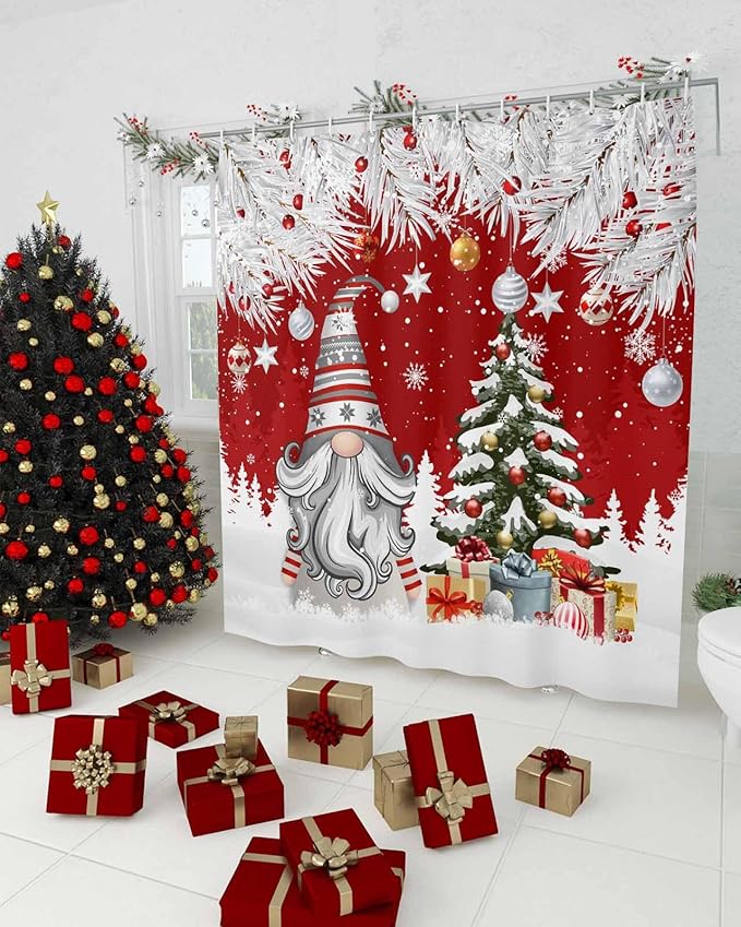 Vandarllin Christmas Gnome Shower Curtain, Winter Merry Christmas Tree Balls Shower Curtains Set with Hooks, Red Waterproof Fabric Bathroom Curtains Decor Home Accessories, 60 X 72 Inch Long