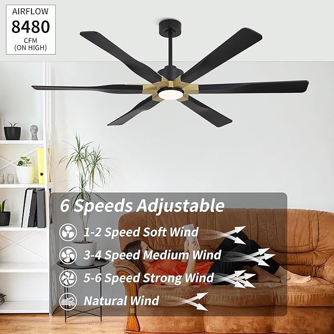 78 Inch Ceiling Fan with Lights and Remote Control, 6 Reversible ABS Blades, 6-Speed Noiseless DC Motor with 4.5" / 12" / 24" Downrods for Bedroom Dining Living Room, Gold and Black