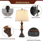 Set of Modern Table Lamps with USB-C & USB Ports, Rotating Knob Switch, Linen Shade + Resin Base Rustic Farmhous (Black Gold/Oil Bronze)