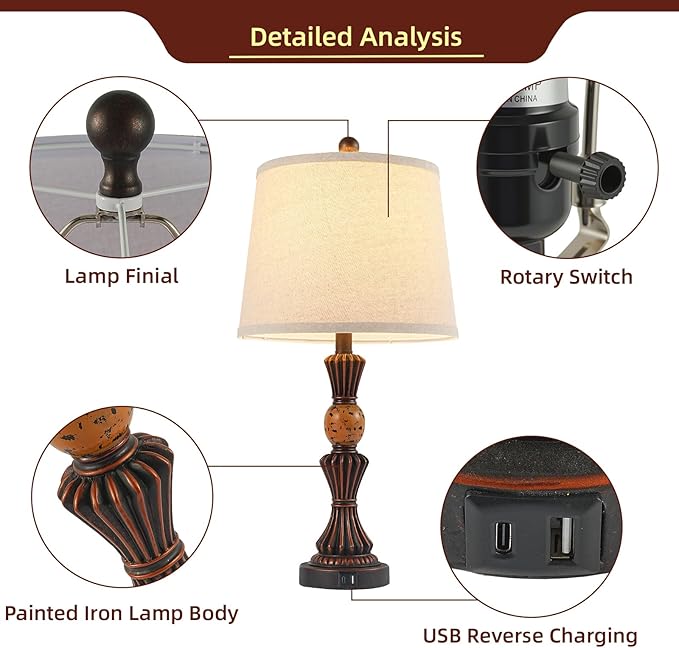 Set of Modern Table Lamps with USB-C & USB Ports, Rotating Knob Switch, Linen Shade + Resin Base Rustic Farmhous (Black Gold/Oil Bronze)