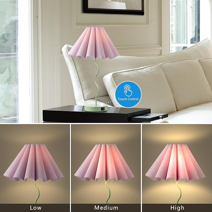 Pleated Table Lamp, Table Lamp for Bedroom, Bedside Lamps for Nightstand with Linen Lampshade, Modern Lamp for Bedroom Home Office Decor, Green
