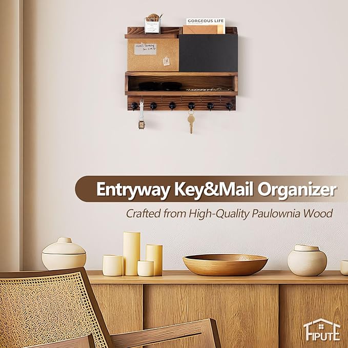 Key Holder for Wall Mount with Mail Organizer, Farmhouse Key Holder for Wall with Shelf, Chalkboard&Corkboard, Entryway Organizer 11 Metal Hooks, Decorative Natural Pine Wood, 14.6*11.1*3.3”, A-Brown