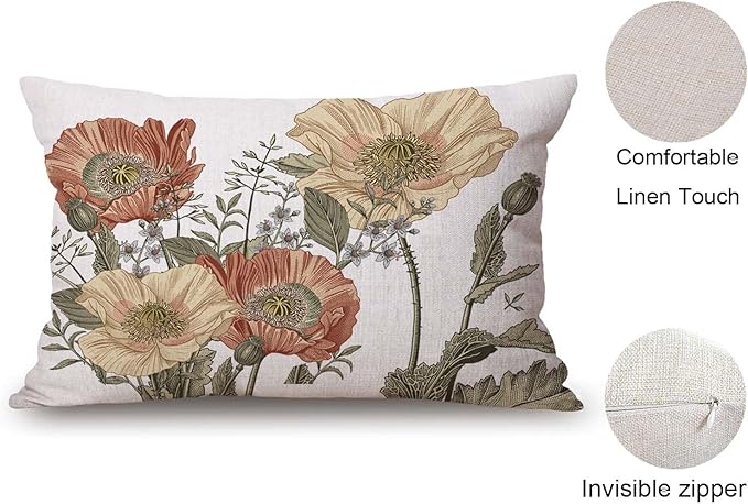 TSSOHU Vintage Flower Throw Pillow Covers 12x20 Brown Rust Colored Floral Botanical Pattern Decorative Pillows Outdoor Linen Farmhouse Cushion Case Country Pillowcase for Sofa Bed Room Decor Set of 2