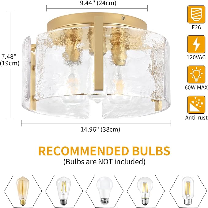 15'' Modern Gold Semi Flush Mount Ceiling Light, 3-Light Glass Drum Light Fixtures, Ceiling Lights for Hallway Entryway Foyer Bedroom Kitchen Dining Room Laundry Room Lighting Fixture, UL-Listed