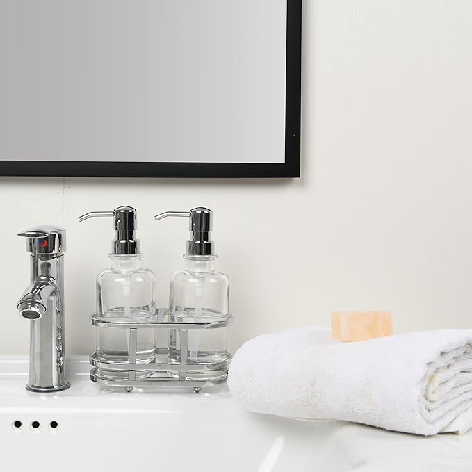 3 Piece Round Heavy Weight Glass Soap Lotion Pump Dispenser Set with Metal Caddy for Home Bath Kitchen Travel Office Hand Crafted Metal Tray Chrome