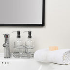 3 Piece Round Heavy Weight Glass Soap Lotion Pump Dispenser Set with Metal Caddy for Home Bath Kitchen Travel Office Hand Crafted Metal Tray Chrome