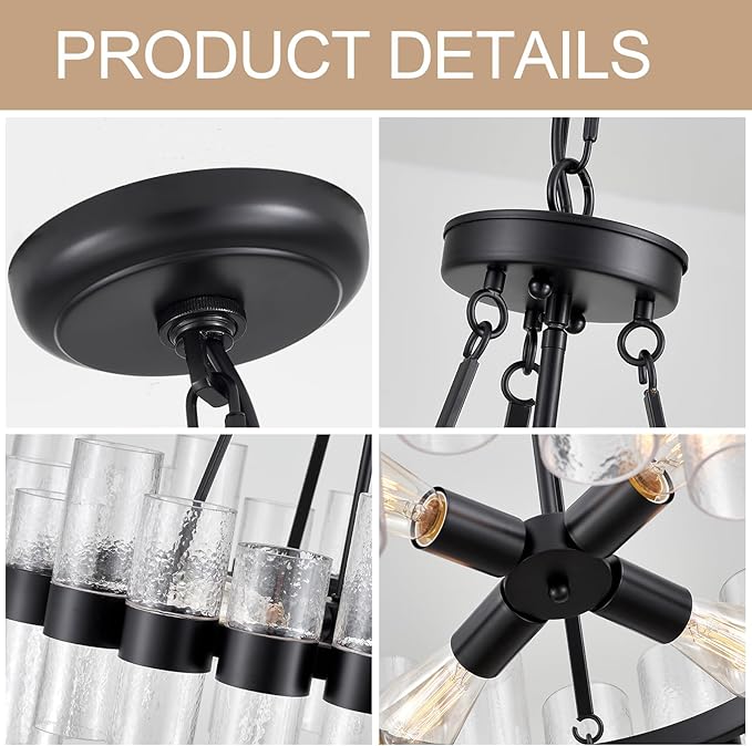 Dia 24 Inch Black Modern Chandelier for Dining Room, Glass Chandeliers for Bedroom, 4-Light Rustic Chandeliers, Large Pendant Light for Living Room Foyer Entryway