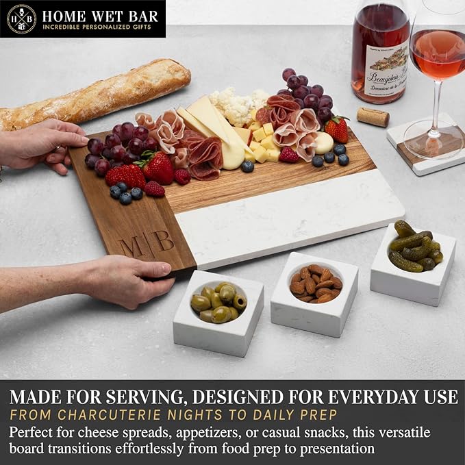 HomeWetBar Personalized Charcuterie Board Gift Set | Custom 15.75" x 11.75" White Marble & Acacia Wood Cheese Board with Serving Bowls | Perfect Housewarming + Wedding + Couples Gift Idea