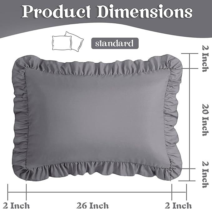 KKJIAF Ruffle Pillow Cases Standard Size Set of 2, Ruffled Pillow Covers with Envelope Closure, Wrinkle Resistant Ruffled Pillow Shams 20" x 26", Grey