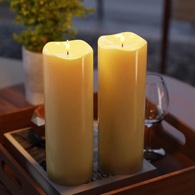 2pack 4"*12" Large Waterproof LED Battary Operated Candles with Remote, Flickering Pillar Electric Flameless Candles for Christmas, Outdoor Larterns,Ivory