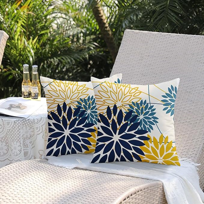 Blue Yellow Flower Pillow Covers 16x16 Inch Set of 2 Outdoor Throw Pillows Outdoor Waterproof Decor for Living Room Sofa Patio Funiture Garden Floral Polyester Pillow Covers 01P16
