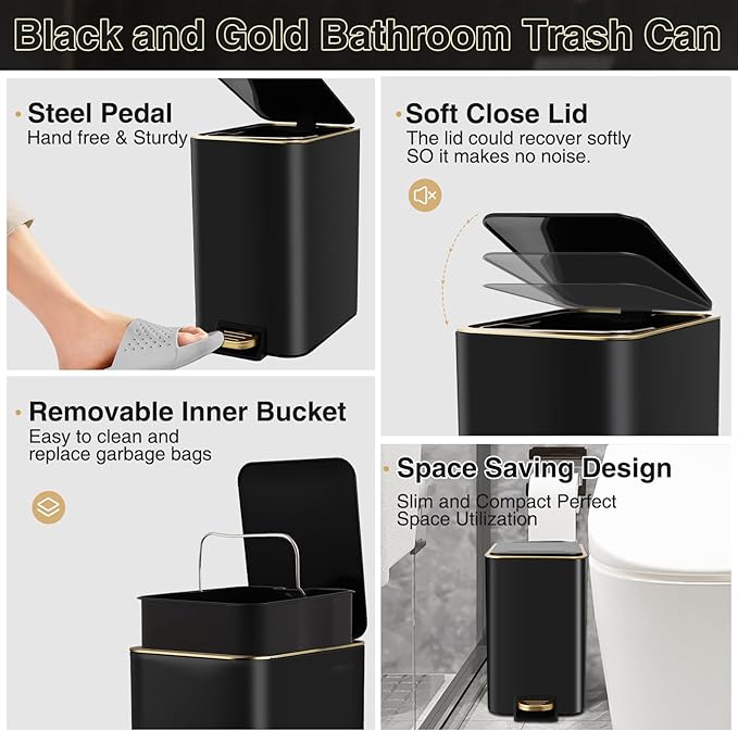 Bathroom Sets with Shower Curtain and Rugs Black Bathroom Accessories Bathroom Set,Soap Dispenser & Toilet Brush Holder Set with Stainless Steel Trash Can