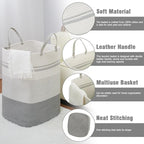 danpinera 100L Nursery Hamper, Tall Woven Laundry Basket with Long Leather Handles, Boho Laundry Hamper for Living Room & Bedroom, Eco-friendly & Convenient Decorative Storage Basket White & Gray