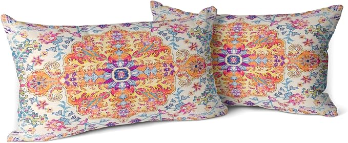 Snycler Orange Blue Ethnic Boho Pillow Covers 12x20 in Boho Carpet Cream Coral Floral Decorative Couch Pillow Cases with Zipper Set of 2 Home Decor for Living Room Bedroom Bed Cushion Outdoor