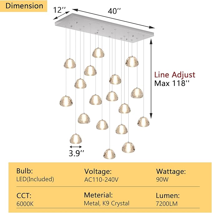 Rectangular Crystal Chandeliers for Living Room Dining Room Light LED Pendant Lights Fixtures Lighting Chandelier for Foyer Entrance Silver