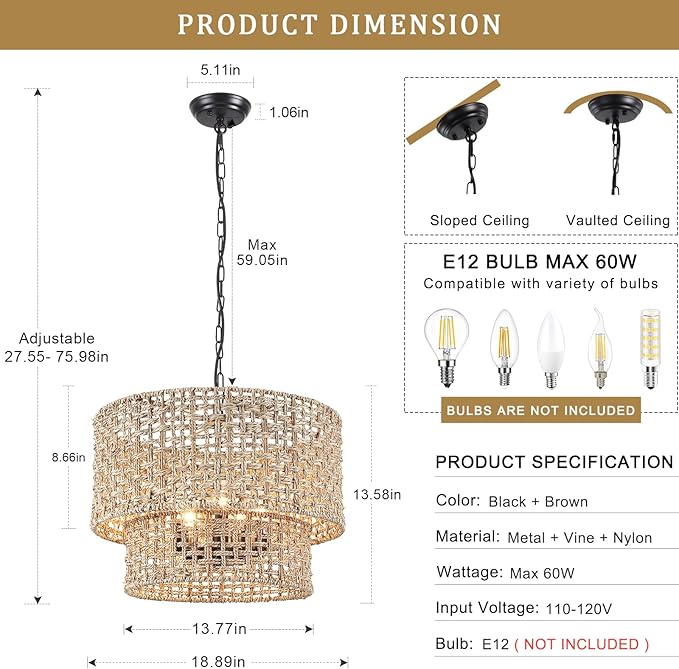 18.9" Rattan Farmhouse Chandelier 5-Light Large Boho Wicker Pendant Light Fixtures Hanging Coastal Drum Lighting Hand 2 Tier Woven Chandeliers for Living Room Dining Room Kitchen Island Foyer Entryway