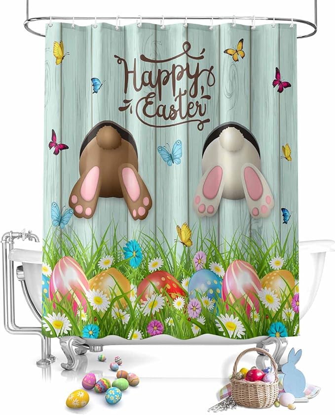 Vandarllin Spring Easter Shower Curtain, Funny Bunny Tails Rabbit Shower Curtains Set with Hooks, Floral Farmhouse Waterproof Fabric Bathroom Curtains Decor Home Accessories,72 X 72 Inch Long