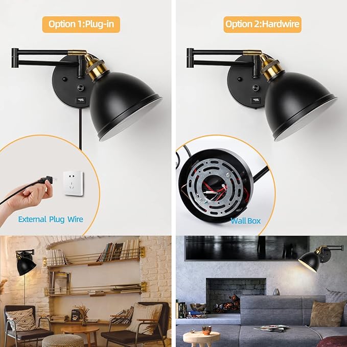 Swing Arm Wall Sconces, Plug-in Wall lamp,Bedroom Wall lamp ， White Fabric Shade，，with dimmable Switch and USB Charging Port, Suitable for Bedside, Living Room, Reading (Metallic Black)