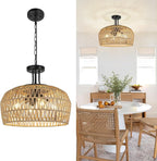 LynPon 18" Farmhouse Rattan Chandelier, 4-Light Boho Pendant Light Fixture with Woven Wicker Shade, Convertible Coastal Hanging or Ceiling Light Fixture for Dining Room Kitchen Living Room Foyer