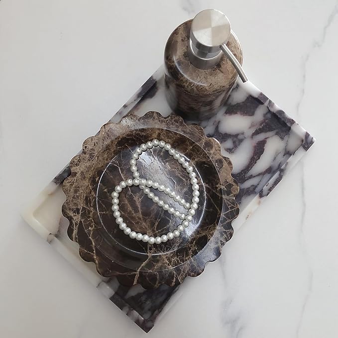 Marble Tray Round Scalloped Tray Small Serving Platter for Counter, Bathroom, Kitchen, Nightstand, Jewelry Ring Dish Holder (Coffee Net)