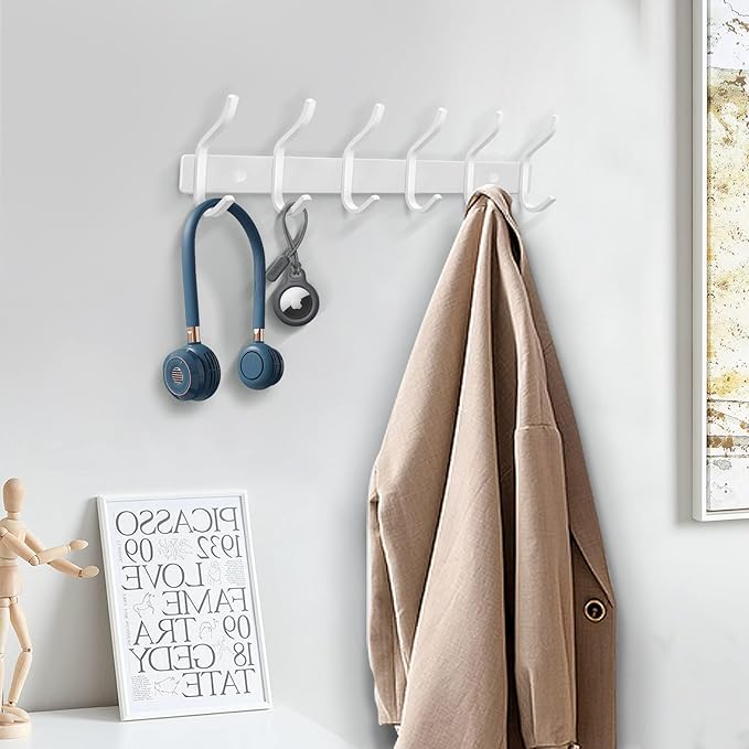 White Wall Hooks Heavy Duty, 17 Inch Coat Hooks Wall Mount with 6 Hooks,2 Packs Wall Hooks Hangers for Entryway, Bathroom - for Hanging Backpack, Bag, Coat, Purse, Hat, Towel, Clothes