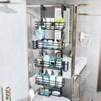 Consumest Over The Door Shower Caddy - 5 Tier Adjustable Shower Organizer Hanging with 2 Toothbrush Holders & 4 Hooks, Rustproof Oragnizer Shelf, Storage Rack for Bathroom, Black