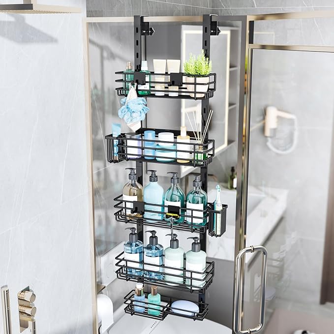 Consumest Over The Door Shower Caddy - 5 Tier Adjustable Shower Organizer Hanging with 2 Toothbrush Holders & 4 Hooks, Rustproof Oragnizer Shelf, Storage Rack for Bathroom, Black