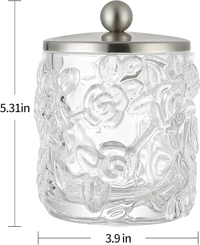 Home Glass Cotton Jar Holder Nickel Lid, Elegant Bathroom Storage Canister for Qtips, Cotton Balls, Floss, Makeup Organizer, Vanity Bathroom Organization (UPDATED NICKEL)