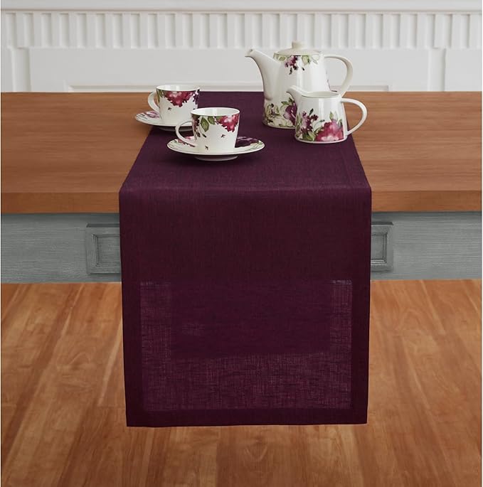 Solino Home Linen Small Table Runner 48 Inches - Athena, 100% Pure Linen Chambray Burgundy Table Runner 14 x 48 Inch Ideal for Dresser and Coffee Tables - Fall, Halloween, Thanksgiving, Christmas