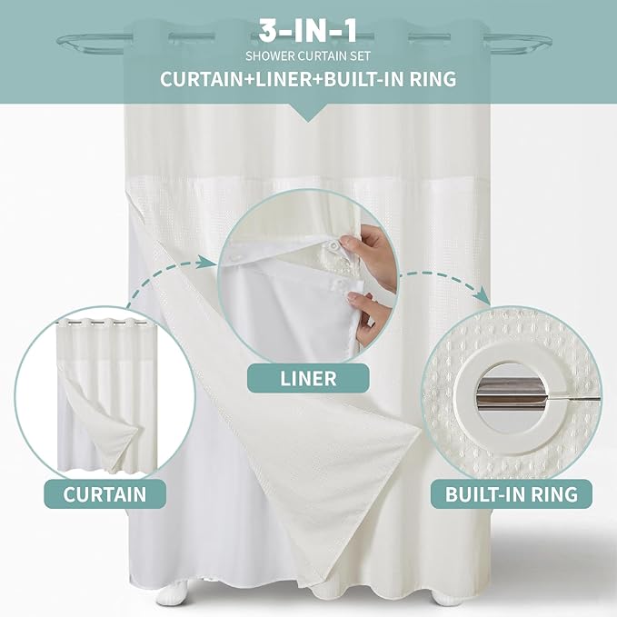 Cream Long No Hook Waffle Weave Shower Curtain with snap-in Liner Replacement, 230GSM Waterproof Fabric Hotel Shower Curtain Set for Bathroom, Through Mesh Top Window,71Wx80H
